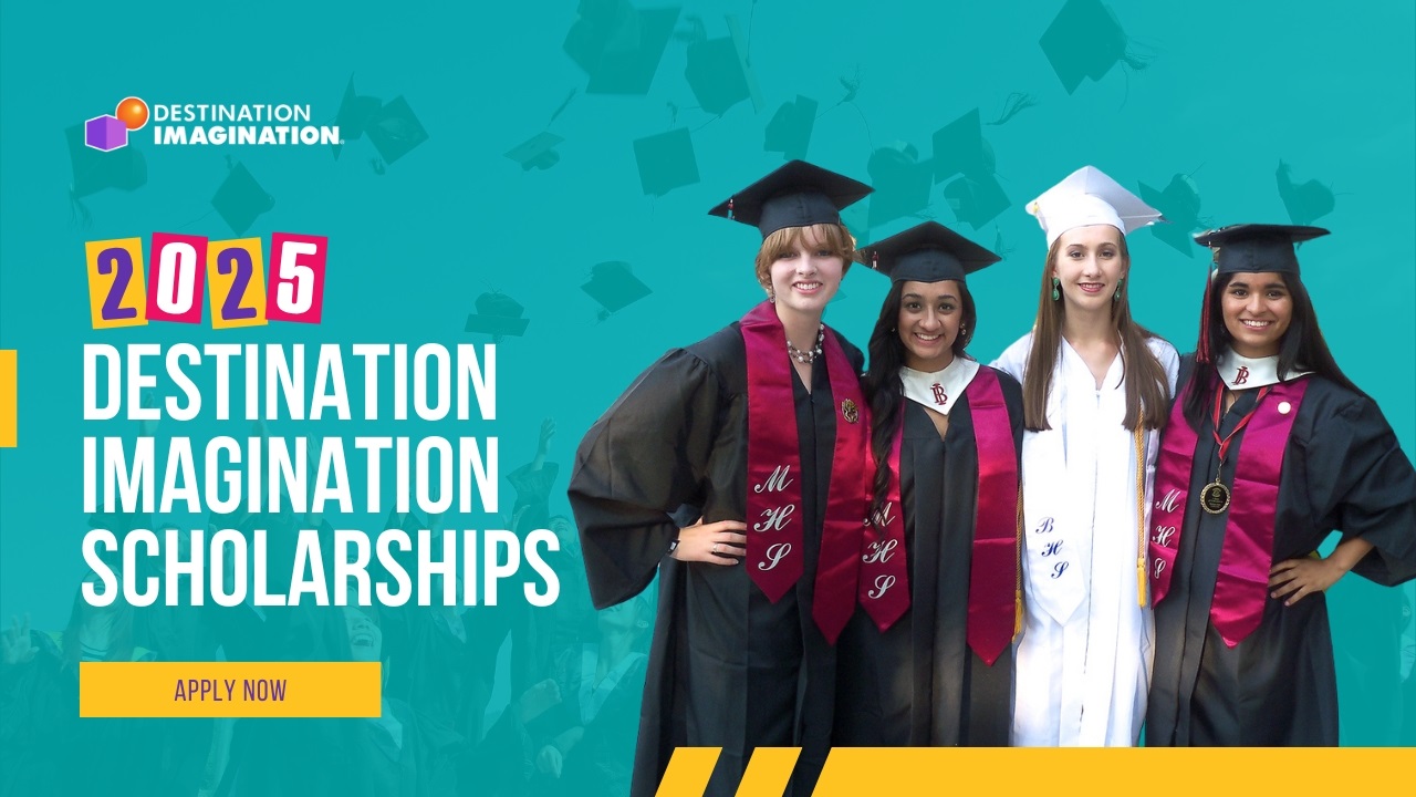 Image of four female DI particants dressed in caps and gowns for DI's Graduation Ceremony at Global Finals.