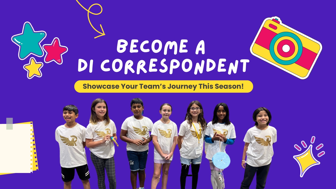 Image of a Destination Imagination team in matching white shirts posing for a photo at Global Finals 2024. Text says, "Become a DI Correspondent!"