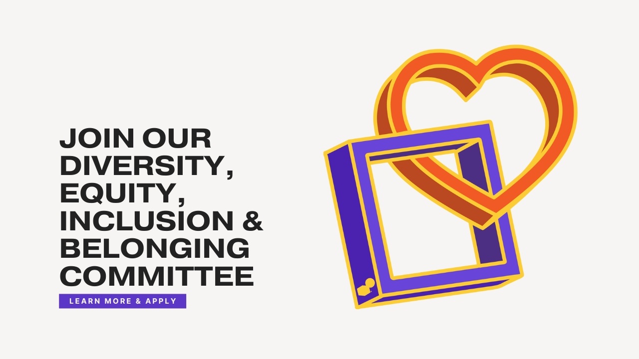 Text says "Join Our Diversity, Equity, Inclusion & Belonging Committee" and inclused a photo of a purple and orange pin with the Destination Imagination logo.