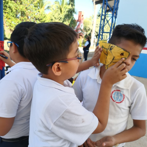 Students with limited vision and hearing in Guatemala participate in a STEAM activity. led by Destination Imagination Guatemala Affiliate Director, Rocío Guzmán. 