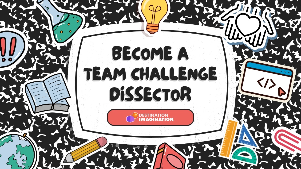 School-inpsired theme with colorful images of a eaker, pencil, book, ruler, etc. Text says, "Become a Team Challenge Dissector."