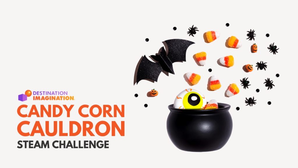 Halloween candy cauldron with bat and candy corn crafts coming out the top.