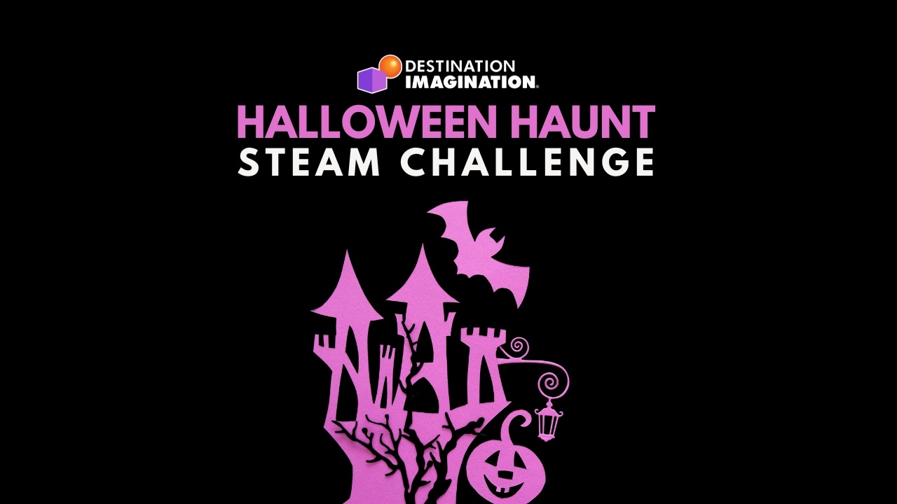 Image of a haunted house made out of purple construction paper. Text says, "Destination Imagination Halloween Haunt STEAM Challenge"