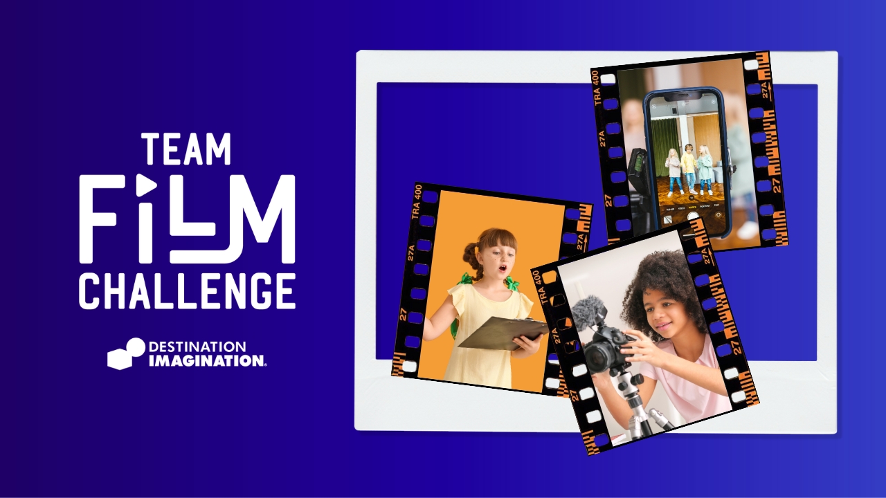 Images of students working on filmmaking projects. Image also includes the "Team Film Challenge logo"