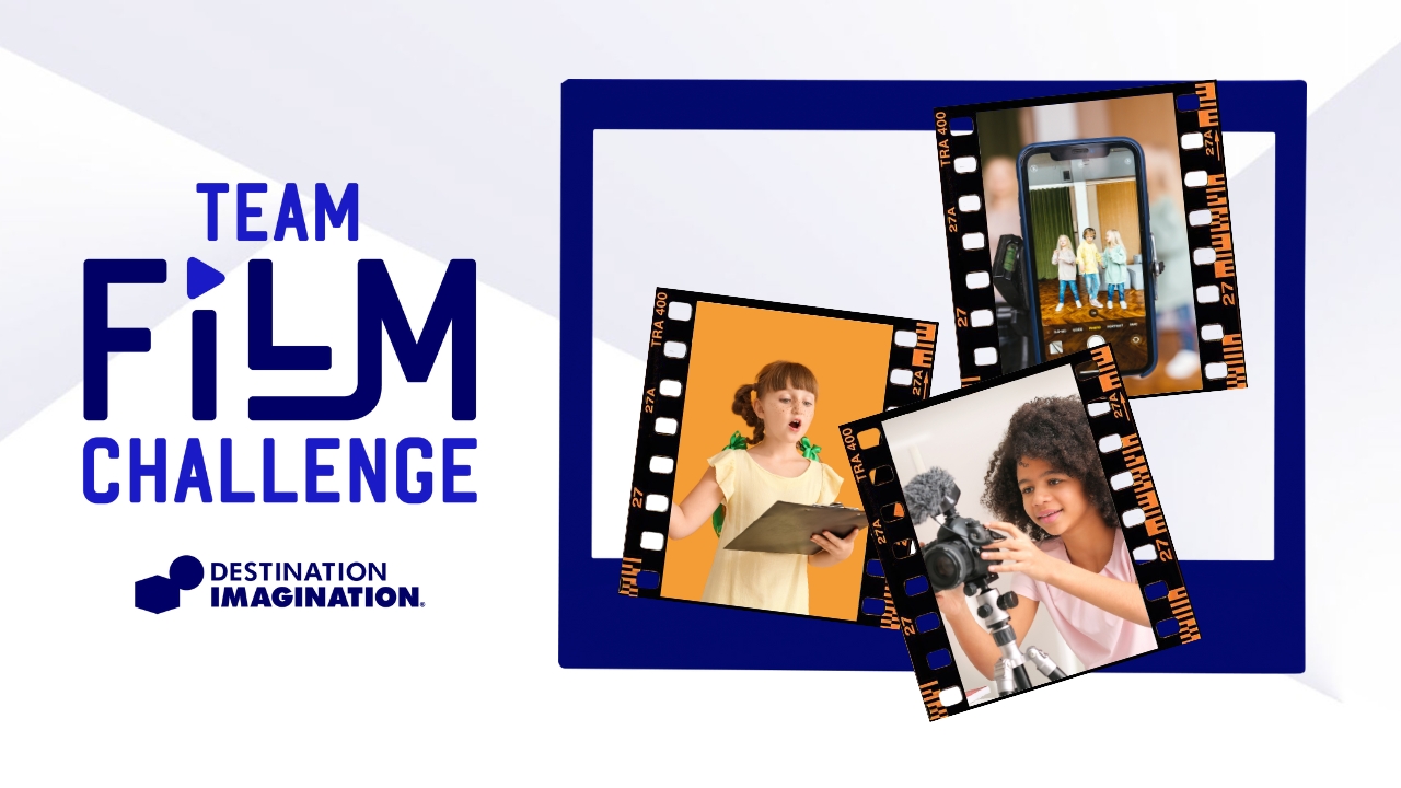 Images of girl holding a clipboard and talking and a girl holding a camera. Image also includes the Team Film Challenge logo.